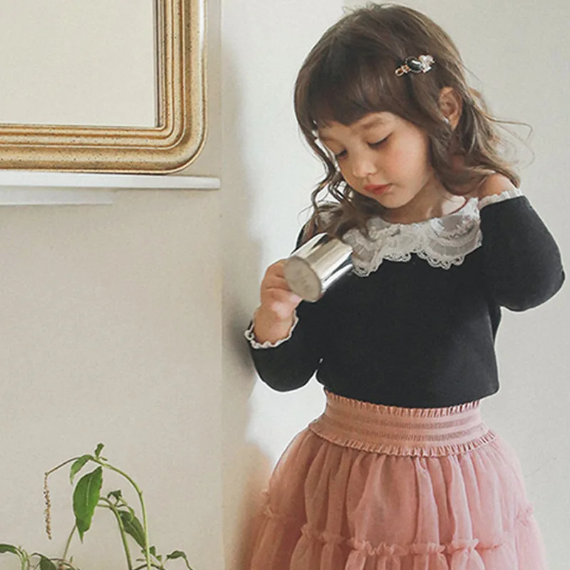 

New Korean Style Girls Clothes Vintage Lace Bottoming Shirt Tops Long Sleeve Princess Girls T shirt DT596