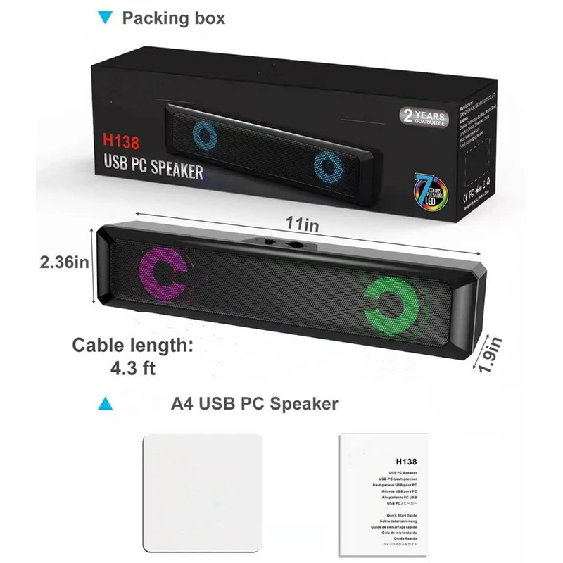

7 Colorful Lights Wireless BT Computer Speaker Bar Stereo Subwoofer Bass Speaker Surround Sound Box for PC Theater TV Speaker