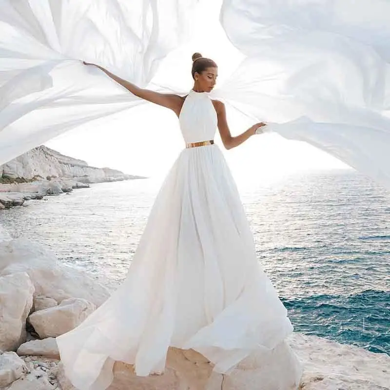 

Bohemian Summer Beach Wedding Dresses With Ribbon 2022 Sexy Chiffon Long Boho Country Wedding Gown Backless Halter Vestido Novia