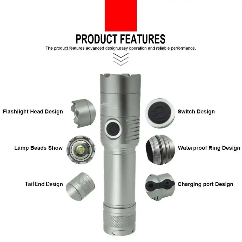 Масштабируемый светодиодный фонарик 2000 лм T6 водонепроницаемый с брелоком