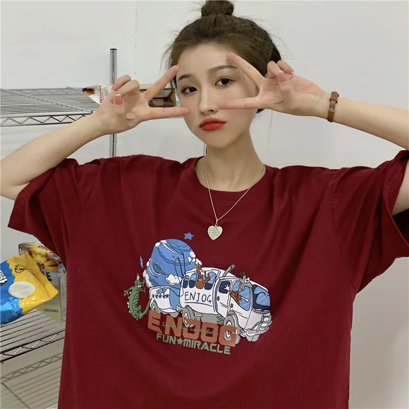 

Harajuku Shirt Cartoon Korean Style T-Shirt Female Red Top Japanese Simple Kawaii Female Clothes Goth Clothes Aesthetic Top Tee