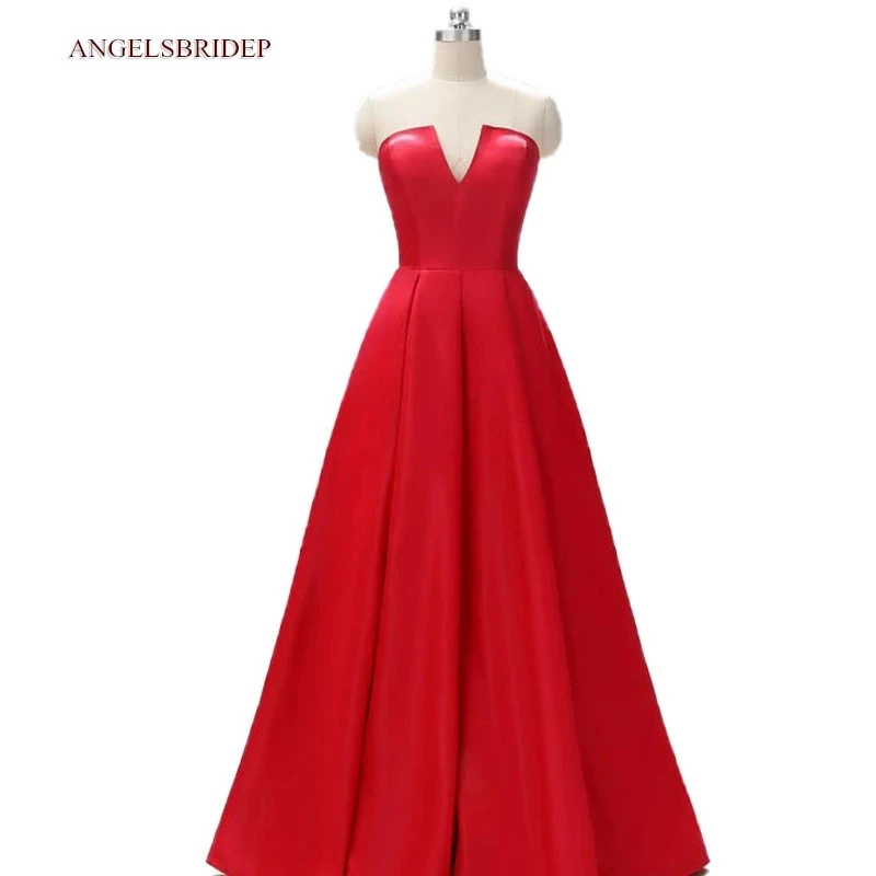 

Sexy V-Neck Long Evening Dresses 2021 Abendkleider Simple Design Satin Natural Waist Vestidos de festa Formal Prom Dresses