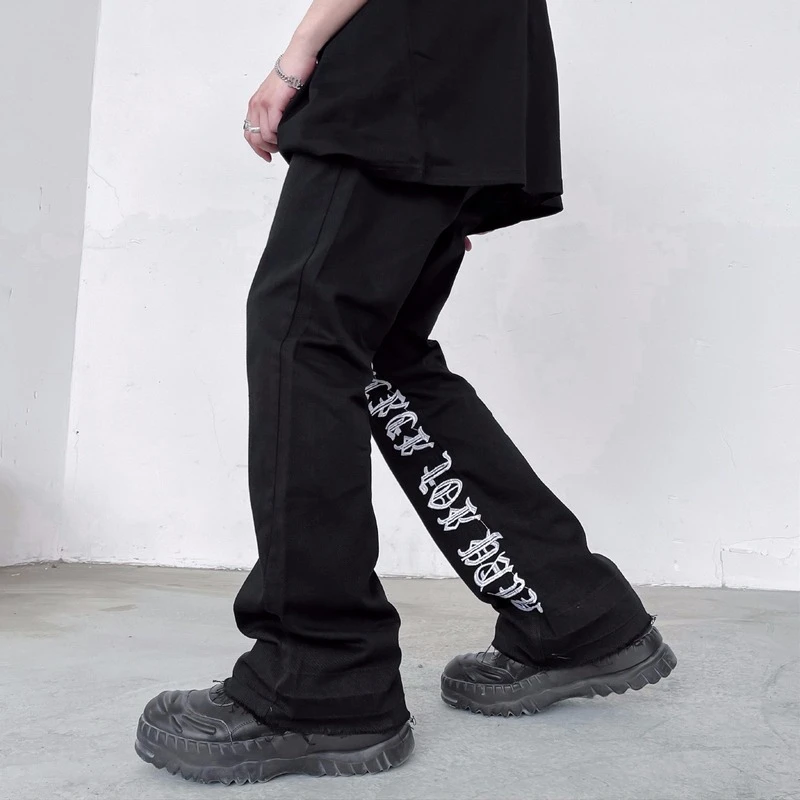 Fashion Letters Embroidery Denim Flare Jeans Mens High Street Elastic Waist Straight Trouser Hip Hop Streetwear Pants Joggers