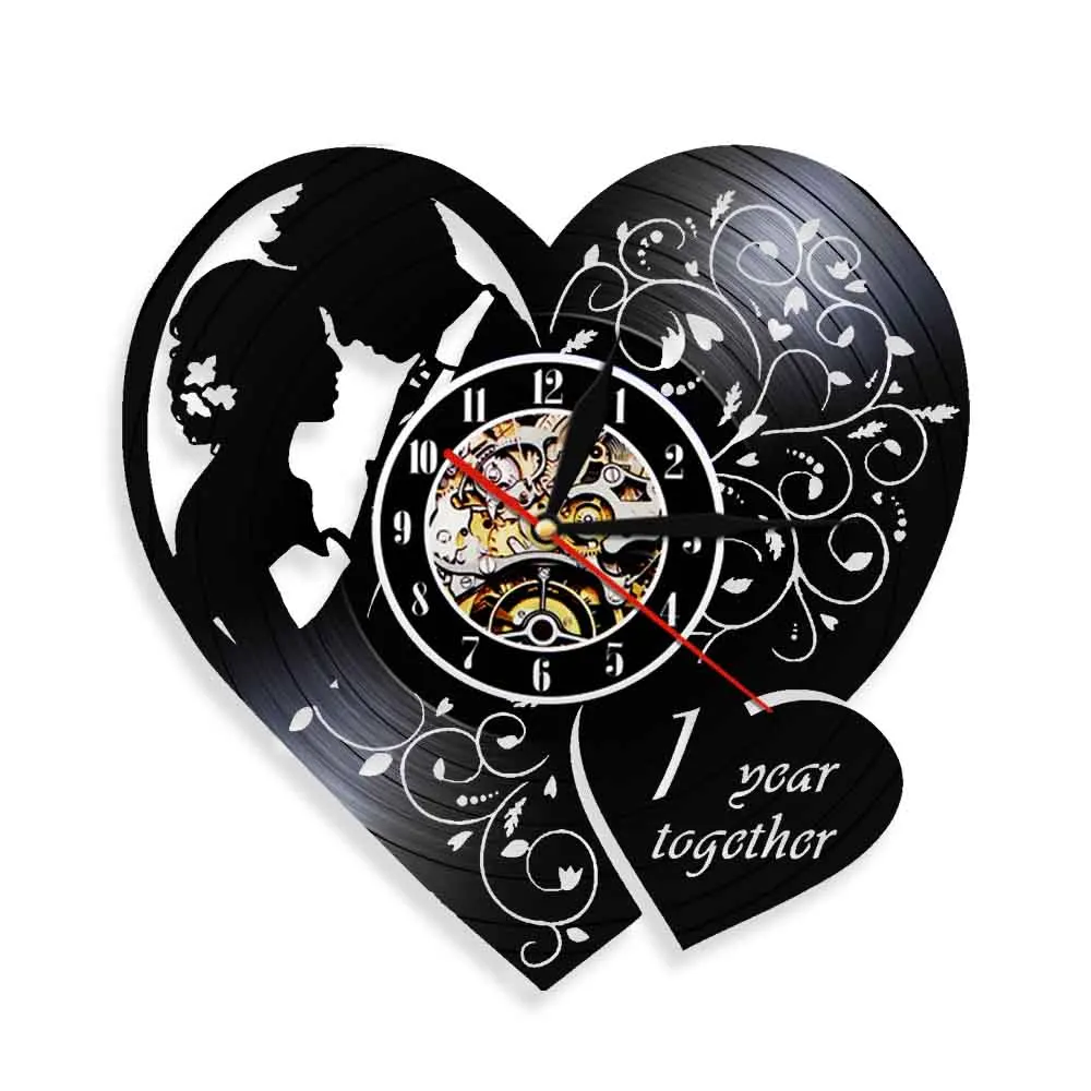 1st Marriage Anniversary Heart Shaped Vinyl Record Wall Clock 1 Year Together Retro Music Album Record Silent Quartz Clock Watch