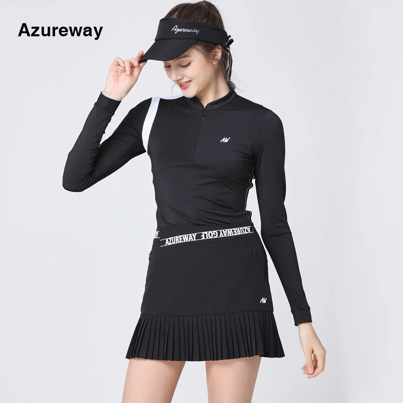 Azureway New Golf Women's Long Sleeve T-shirt Korean Ladies Zipper Stand Collar Polo Shirt Sports Suit Autumn Spring Golf Tops