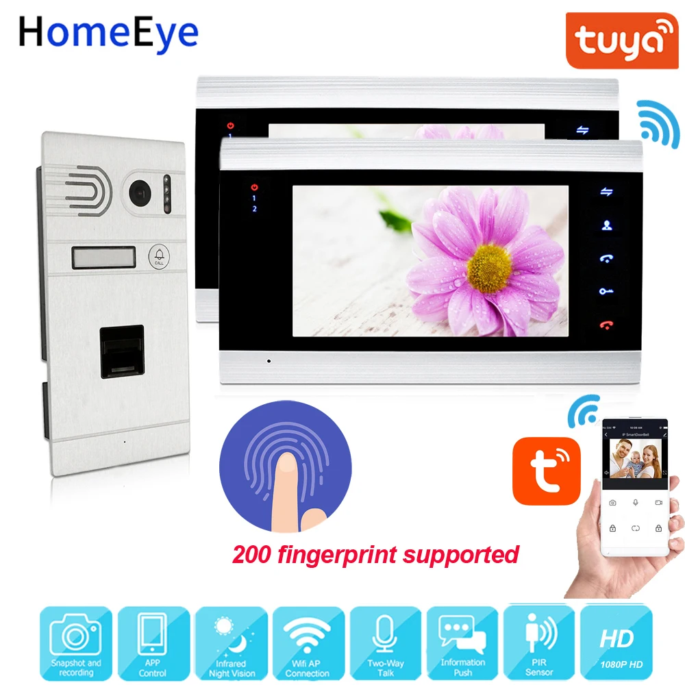 Tuyasmart App Remote Unlock Wifi Ip Video Deurtelefoon 1080P Hd Video Intercom Thuis Toegangscontrole Systeem Vingerafdruk 2 appartementen
