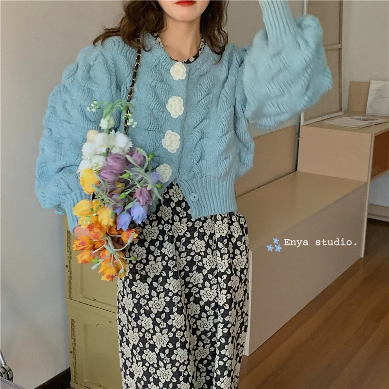 

Тяжелая промышленная трехмерная Цветочная кофта, мягкая Ветроустойчивая Свободная куртка, зимний вязаный кардиган с длинным рукавом