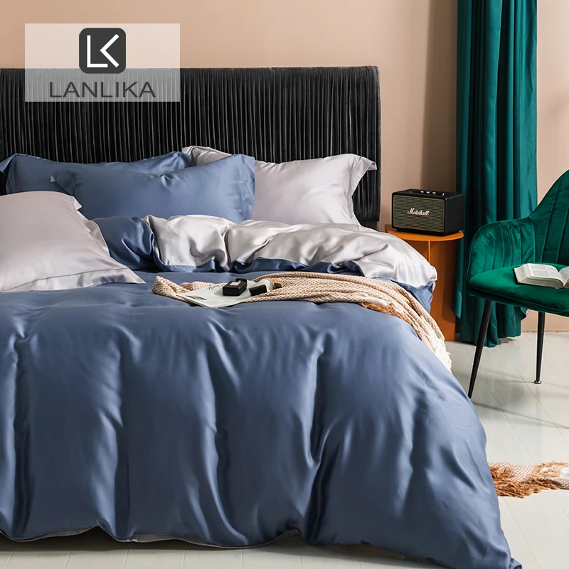 

Lanlika 100% Pure Silk Bedding Set Luxury Duvet Cover Bed Sheet Elastic Band Corners Blue And Gray Silky Bedspread Fitted Sheet