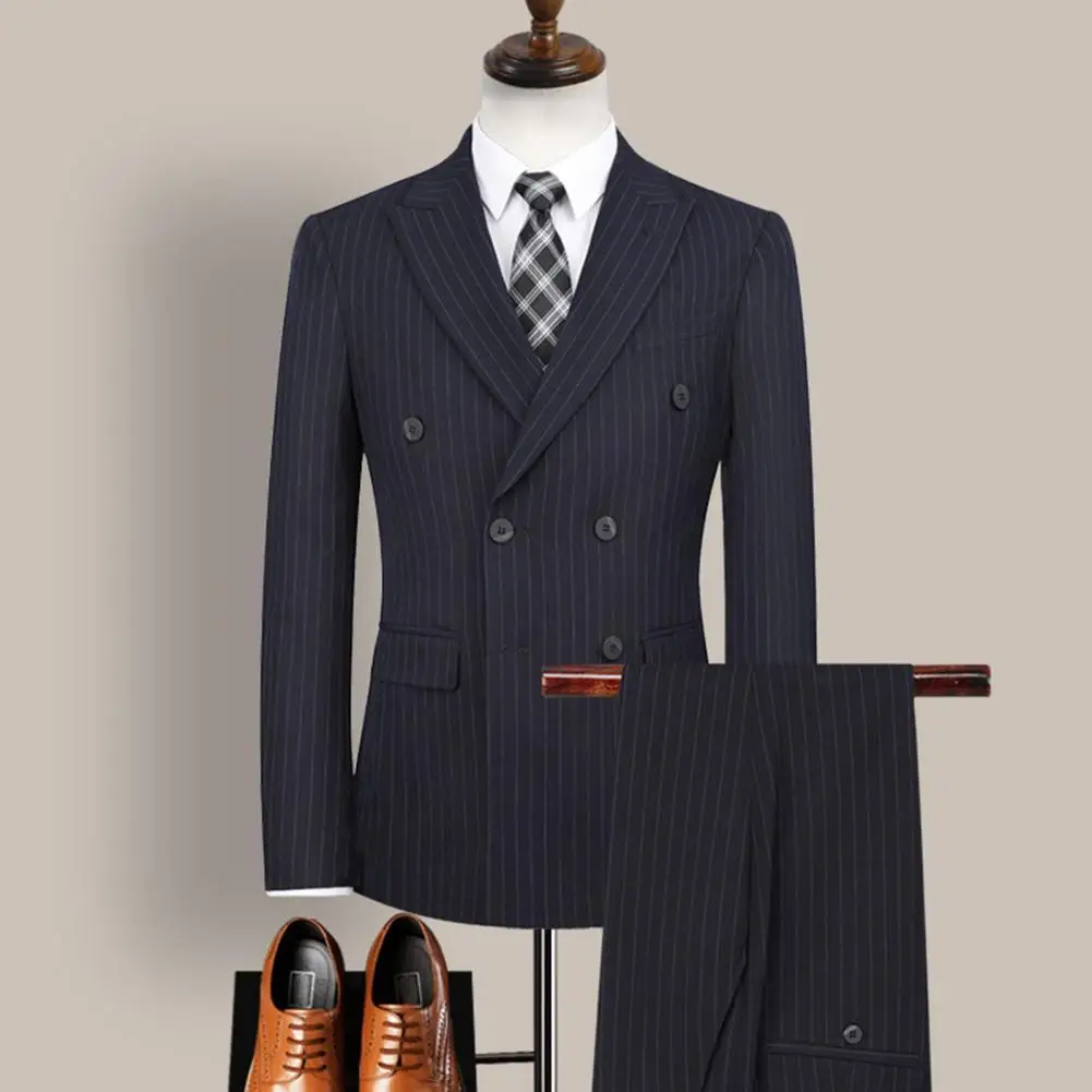 

Модный стильный мужской деловой костюм, двубортный официальный костюм в полоску с лацканами, официальный Блейзер и брюки, костюм из двух пр...
