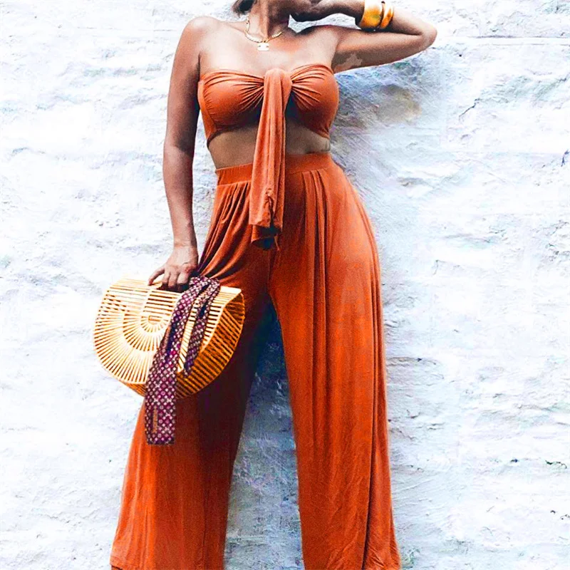

2021 New Women Sexy Two Piece Set Pure Color Vintage Outfit 2 Layer Tube Vest Wide Leg Long Pants Suit Summer Lady Matching Sets