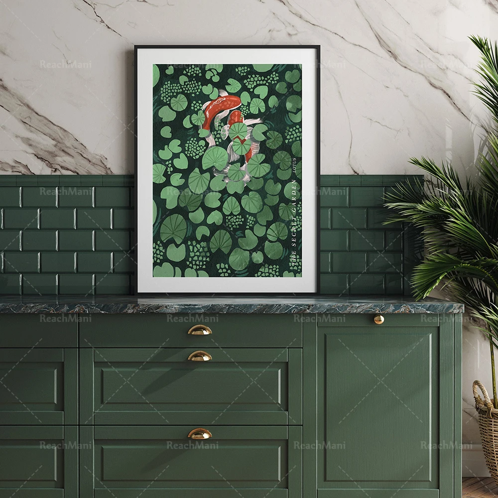 Настенное искусство с принтом лотоса и карпа настенное в пруду зеленая печать