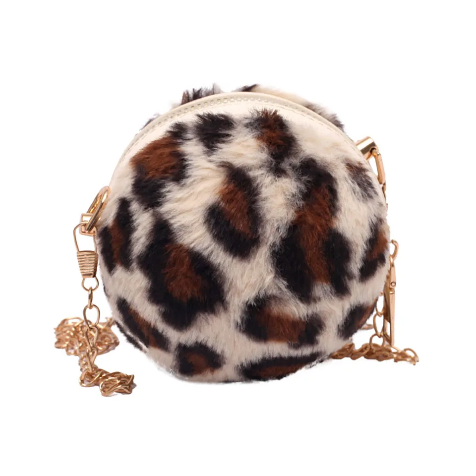 

Зимняя леопардовая мини-сумка-мессенджер из искусственного меха для женщин, модная плюшевая круглая маленькая сумка через плечо с цепочкой...