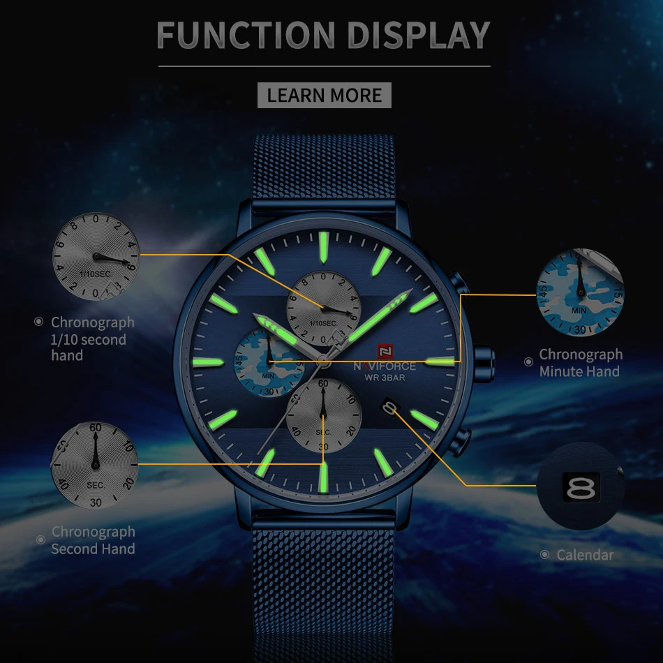 NAVIFORCE Лидирующий бренд Роскошные мужские часы ультра тонкий хронограф дат
