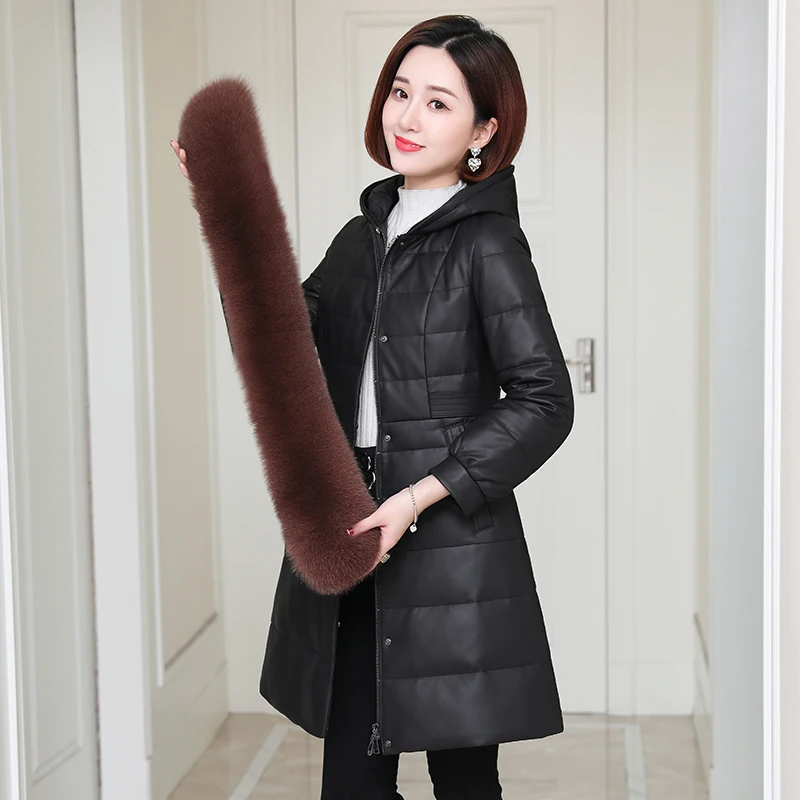 

new sheep leather down jacket women Haining fur coat fox fur collar fur coat medium length slim fit