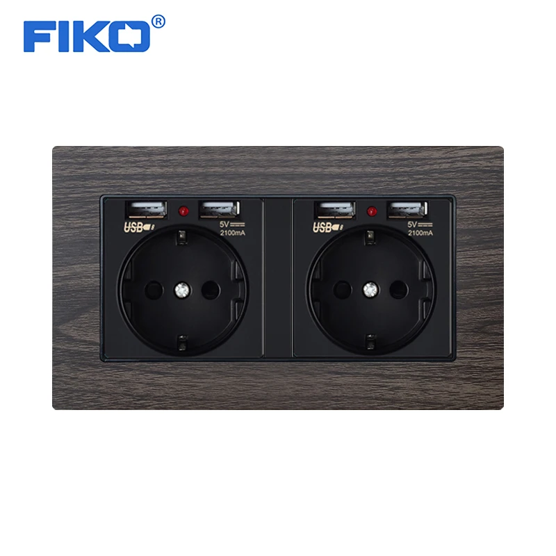

FIKO 2Gang Wood grain Aluminium Alloy Panel EU Power standard,146*86mm 16A EU family wall power socket with dual USB ，4USB