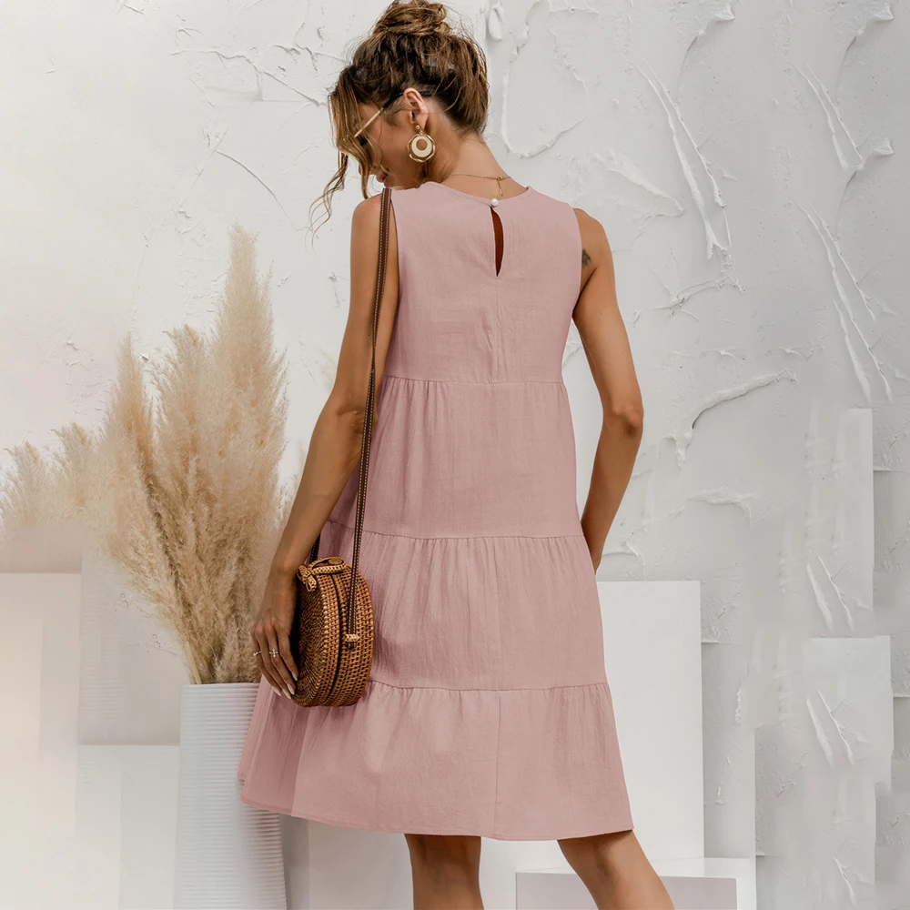 

2021 Summer Casual Big Ruffles Midi Dress Women Loose O-Neck Solid Color Sleeveless Dresses Fashion Party Oversize Femme Robe