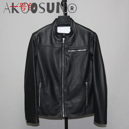 

AKOOSUN Genuine Sheepskin Leather Jacket Men Clothing 2020 Stand Collar Mens Jackets Autumn Coat Male Chaqueta Hombre LXR695