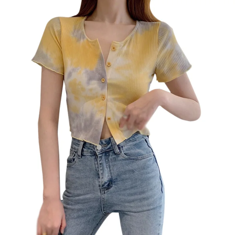 

Women's O Neck Tie-Dyed Slim Top Clothes Summer Expose Navel Short Sleeve Tee Shirt Clothes