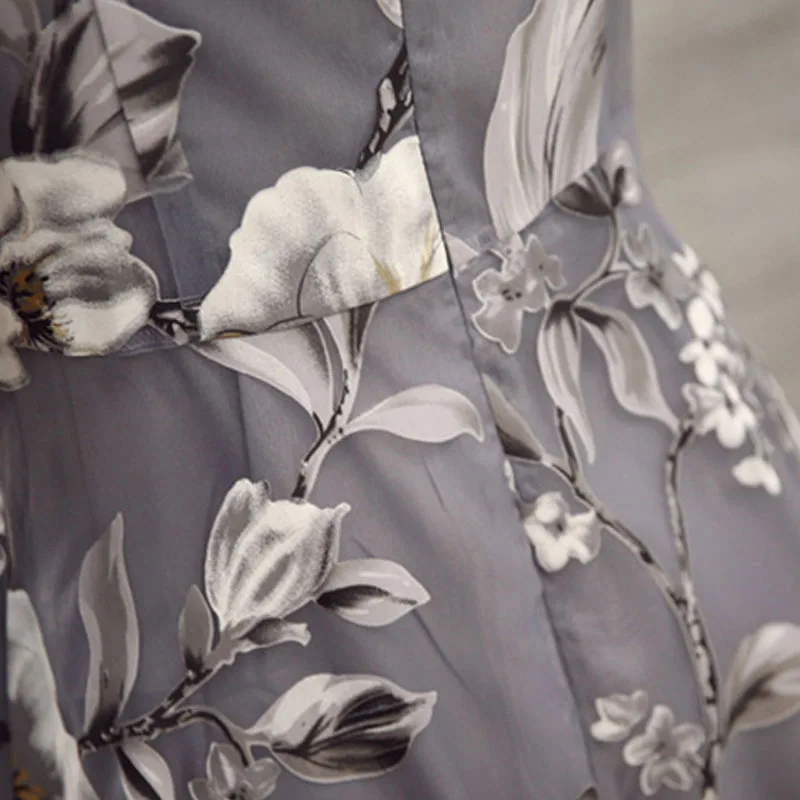

Multicolor Floral Organza Overlay Printing Dress Fashion Round Neck High Waist Hollow out Dress Summer Women Sweety Party Dress