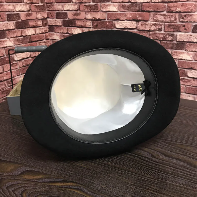 

2021 New Black Men Woolen Fedora Hat Flat Mad Hatter Top Hat Traditional President Party Hat Steampunk Magic Hat with Feather