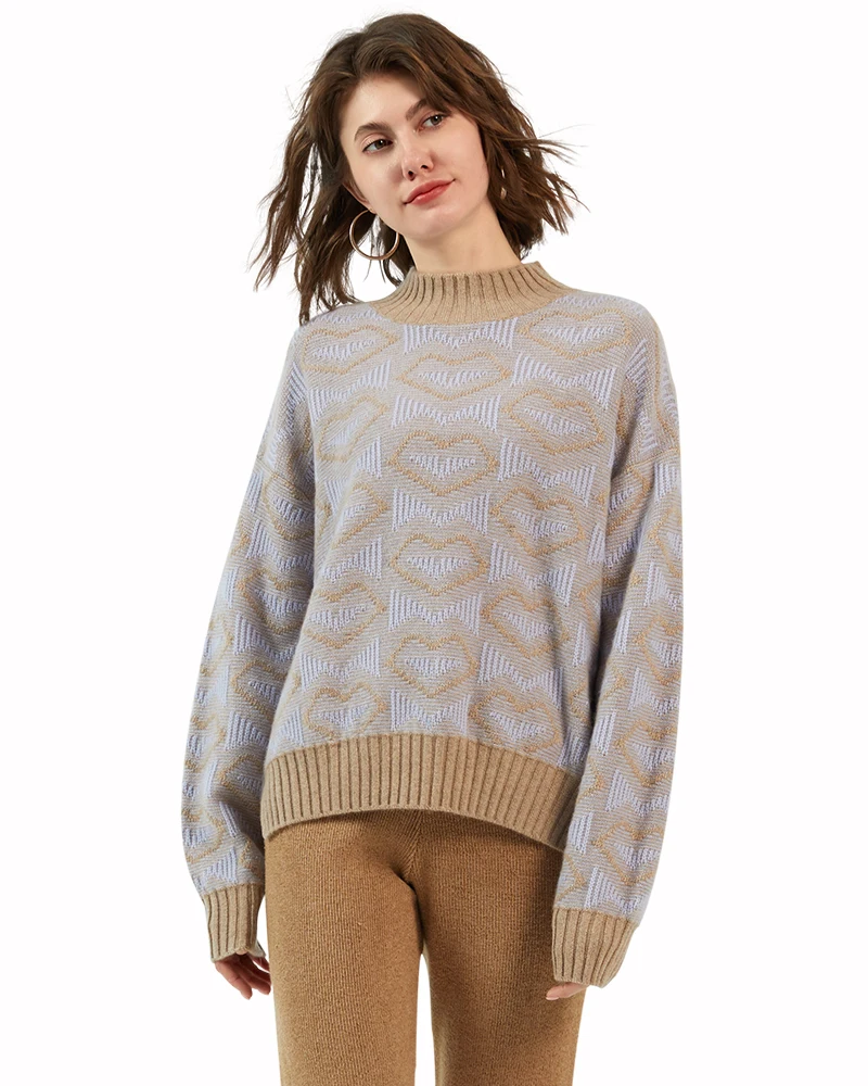 

Zhili Women's 100% Pure Cashmere Knitted Heart Mock Neck Thick Sweater