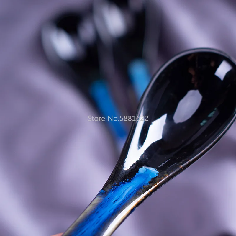 1 шт. японская синяя черная керамическая ложка для печи с длинной ручкой супа