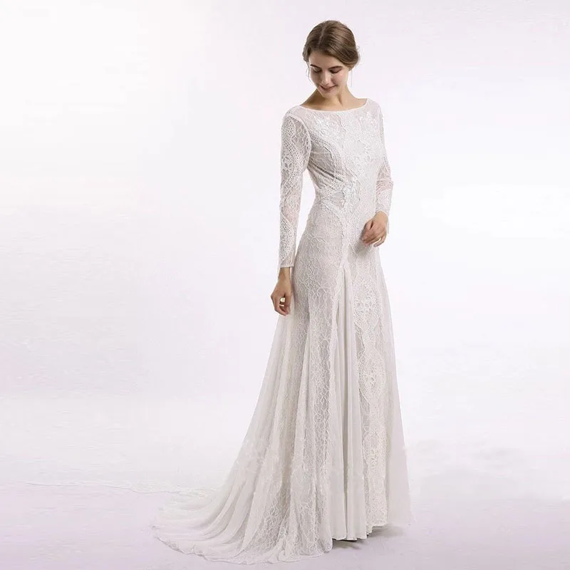 

2021 New Delicate White Lace Long Sleeve Bridal Wedding Gowns Open Back Bateau Neckline Wedding Dresses for Bride Sweep Train