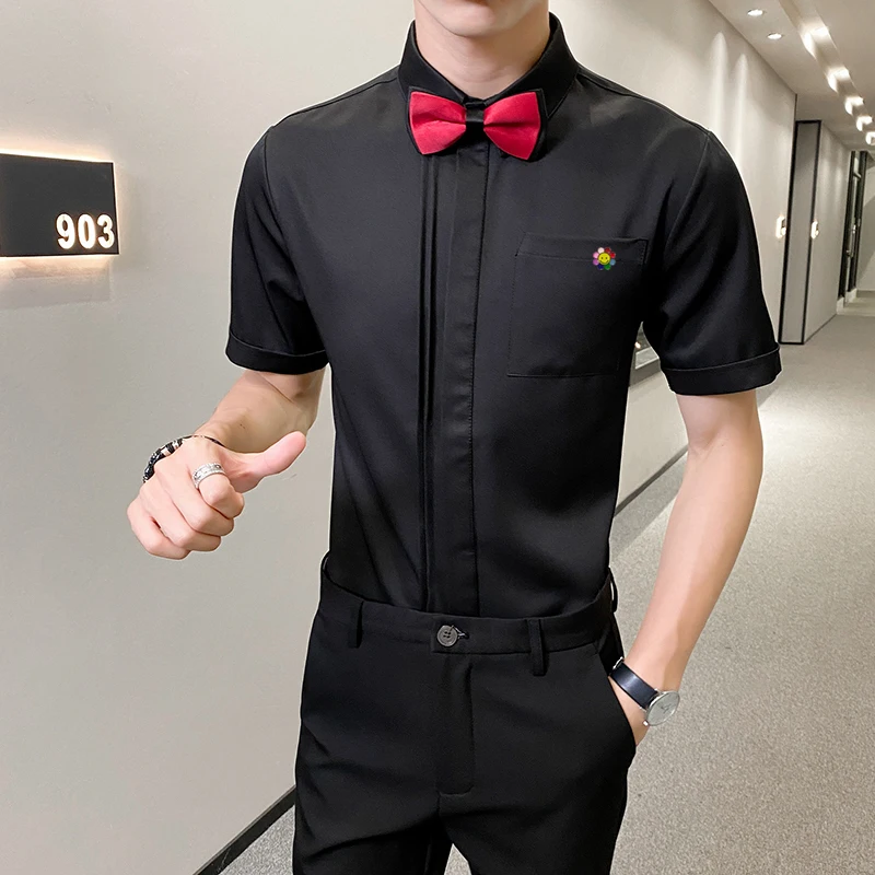 

Plus Size 5XL-M Summer Short Sleeve Shirts Men Clothing 2021 Fashion Slim Fit Front Pocket Removable Brooch Chemise Homme Sale