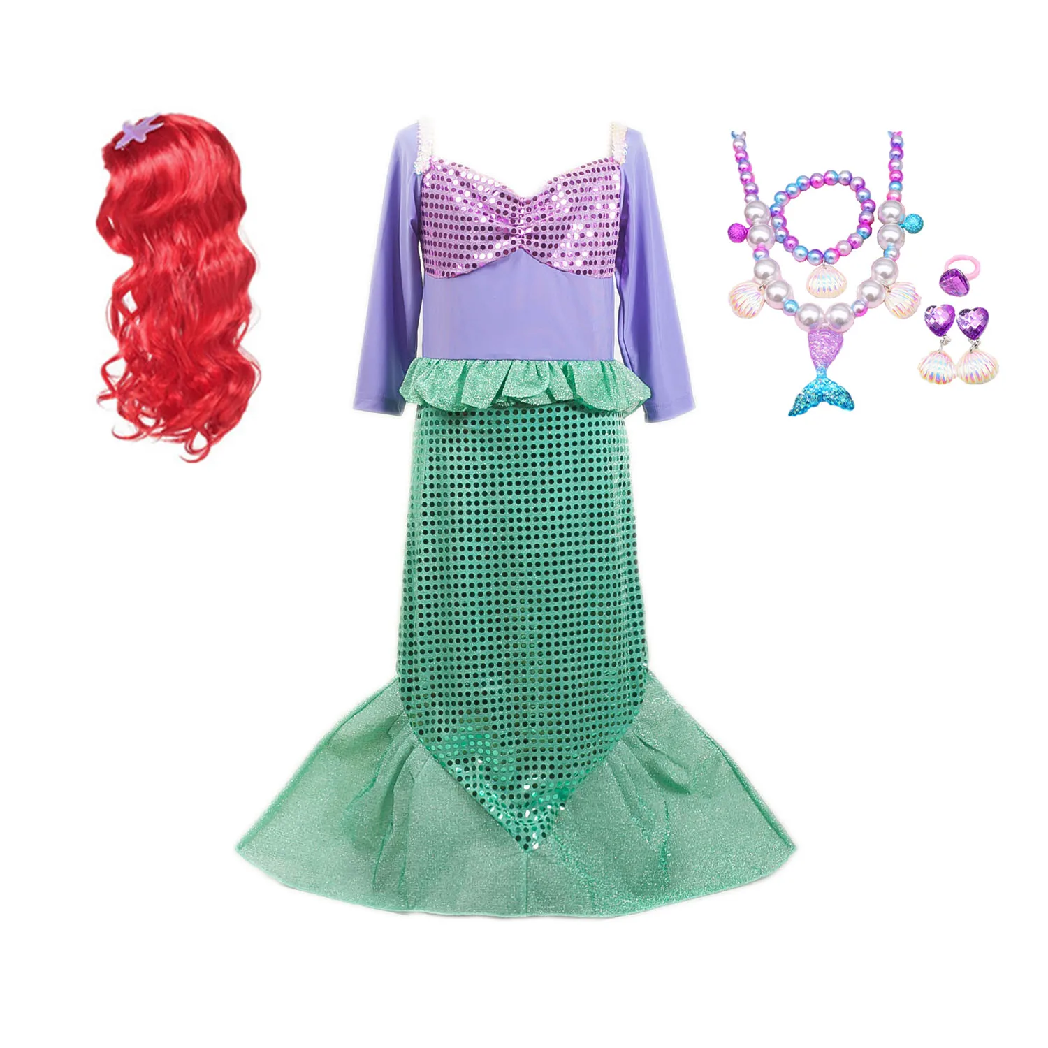 Halloween Little Mermaid Princess Arieling Cosplay Costumes for kids Baby Girl Tails Birthday Party Holiday Costume wig | Тематическая