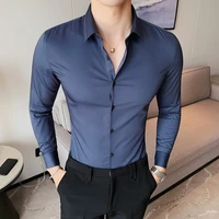 2021 british style solid color shirt men autumn long sleeve slim business formal dress shirts casual social party male clothing