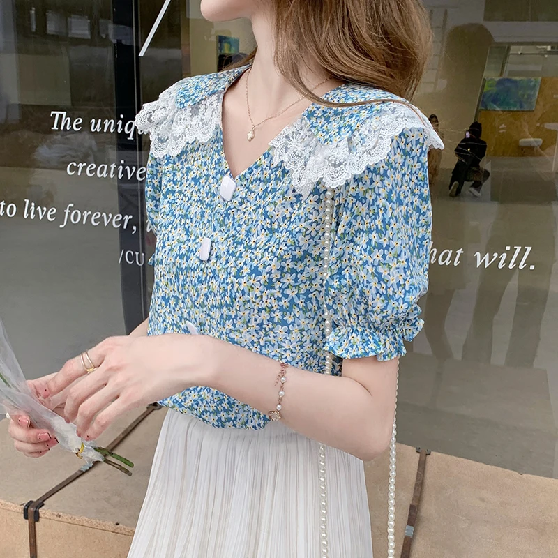 

Chiffon Loose Women's Shirts New Fashion Blouses Flowers Doll Collar Shirts Summer Casual Short Sleeve Lady Blusas Houthion