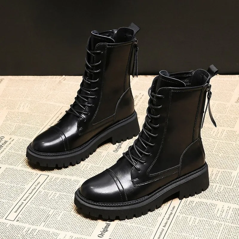 

Solid Leather Motorcycle Boots Women Shoes Woman Square Heels Platform Boots Lace up Zipper Autumn Winter Ankle Boots Plus Size