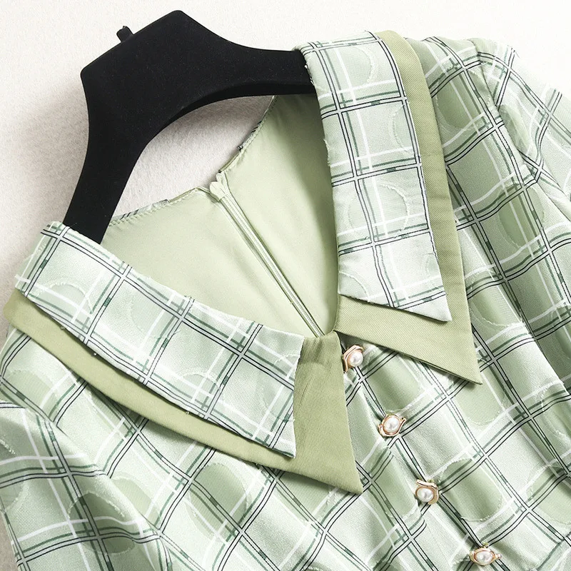 

High Quality Runway Fashion Spring Designer Plaid Chiffon Print Dress Women Elegant Green Vestidos Mid Calf Casual Festa