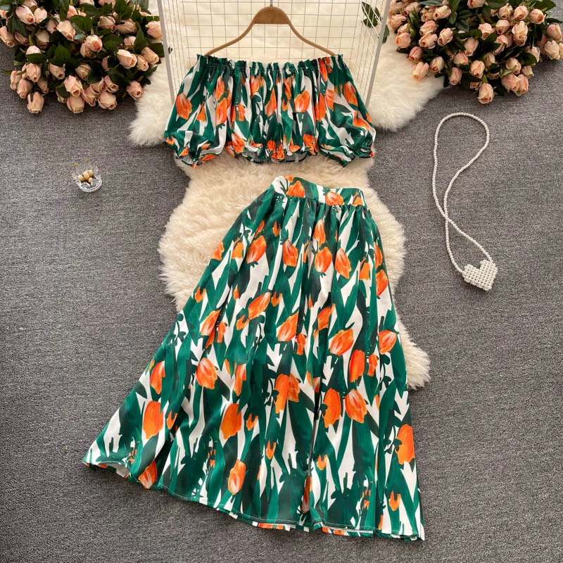 

New Summer Beach Vacation Women Sweet Floral Skirt Suits Elastic Slim Crop Top And High Waist Slim Long Skirt Two Piece Set