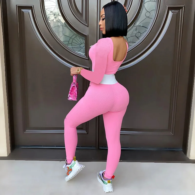 

Knit Patchwork Letter Embroidery Long Sleeve Casual Stretchy Jumpsuit Tracksuit Women Streetwear Slim Romper Female Sportswear