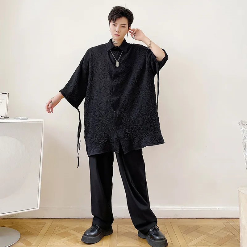 

IEFB 2021 Summer Relief Pattern Black Shirts Cuffs Drawstring Loose Men's Three Quarter Sleeve Mid Length Oversized Shirt 9Y7846