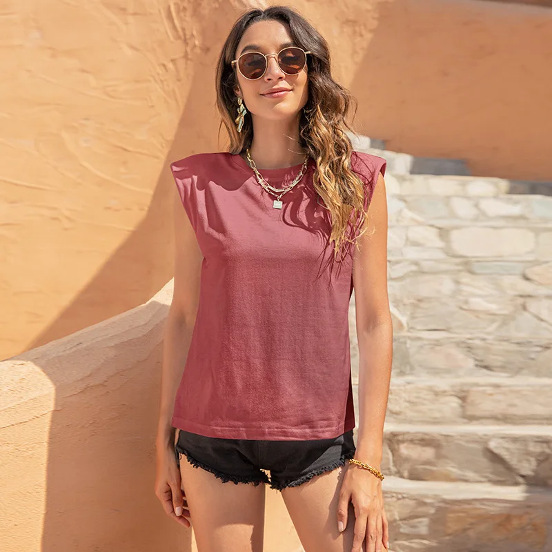 

2021 Summer New Women's Round Neck Casual Solid Color Sleeveless Shoulder Pad Vest T-shirt