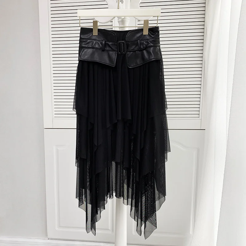 

Leather sheepskin skirt 2021 new waist gauze skirt women's high waist Lace Sexy mesh pleated cake skirt