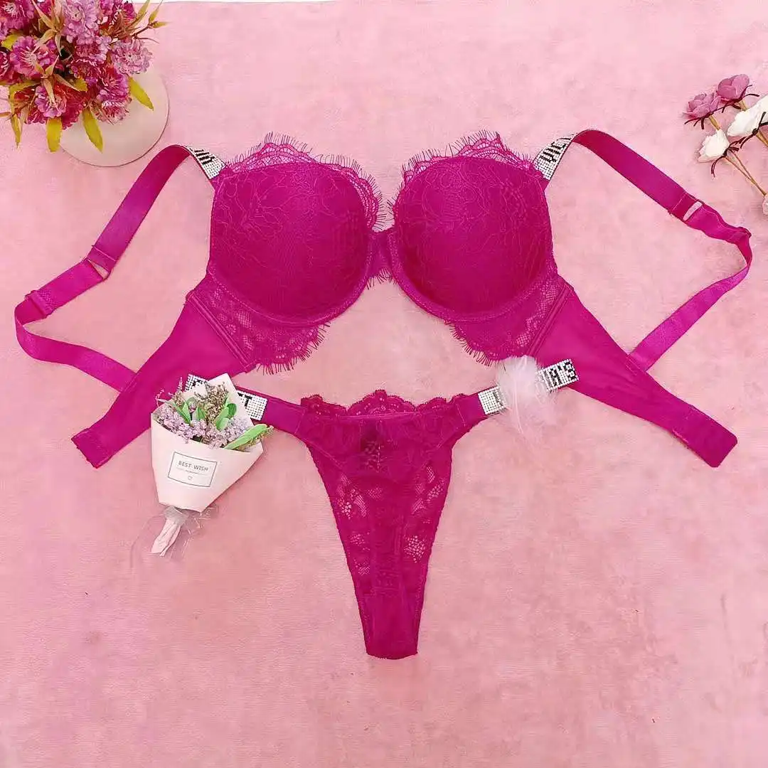 

Lace Thong Secret Rhinestone Bikini Lingerie Panty Set 2 Piece Letters Women Underwear Set Push Up Adjustable Sexy Bra Suit