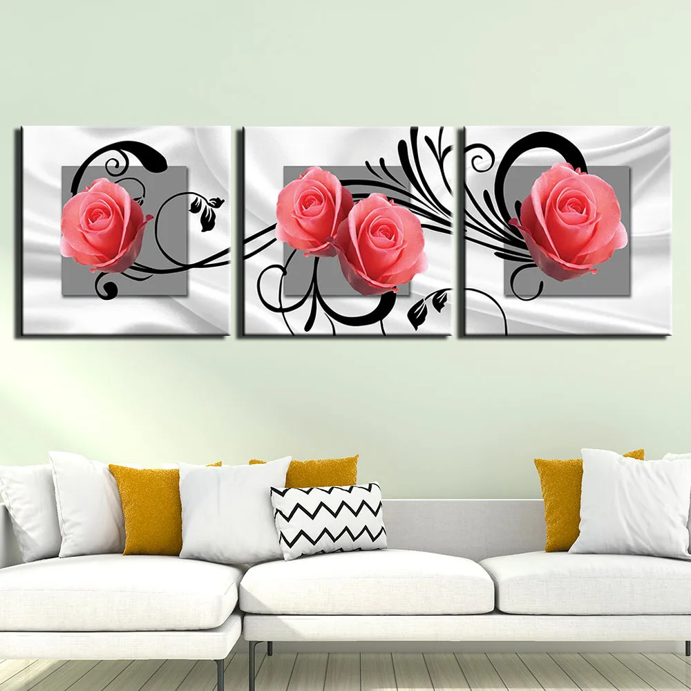 

3 Pieces pink rose Diamond Painting Cross Stitch 5D Diamond Embroidery flower Mosaic Triptych painting by numbers stickers