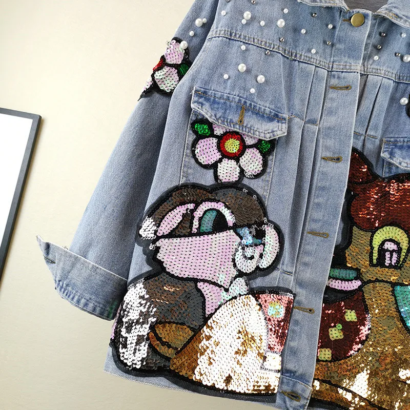 

New Autumn Women Denim Jacket Overcoat Sequins Beading Cartoon Jeans Jacket Vintage Casual Denim Coat Female Outwear Tops P655