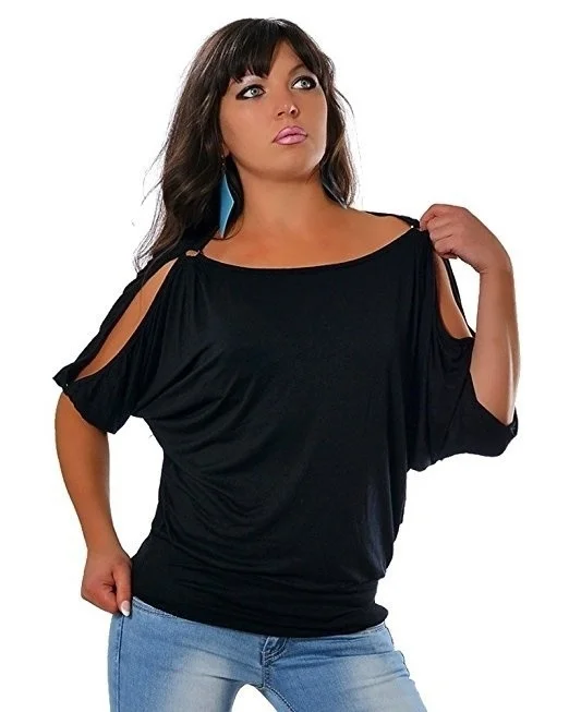 

Women's sexy round neck leaky shoulder hoop Short Sleeve T-Shirt Top Large female