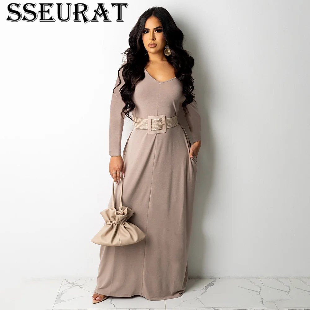 

SSEURAT Women Long Dress Solid Long Sleeve V-neck Maxi Dress Autumn Fashion Casual Dresses Vestidos