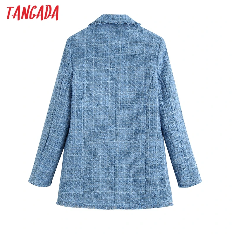 

Tangada 2020 autumn winter women vintage blue blazer female long sleeve elegant jacket ladies thick blazer formal suits BE732