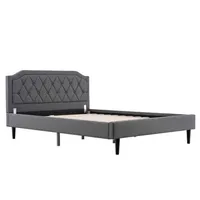 Wood Bed Frame Upholstered Bed with Diamond Buckle Decoration, Linen Dark Gray Queen Bed Easy to Assemble Stylish and Modern