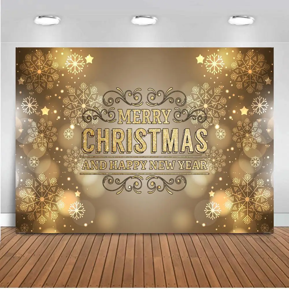 

Merry Christmas And Happy New Year Golden Light Polka Dots Photo Background Gold Snowflake Bokeh Party Photography Backdrops