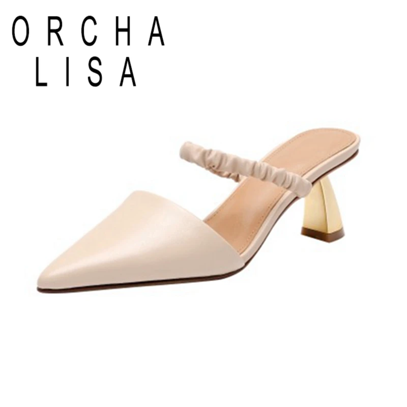 

ORCHA LISA 2021 Genuine Leather Sandals Slingbacks Pointed Toe Slip On Pleated 5.5cm Strange Heel US9 White Apricot Brown A4281