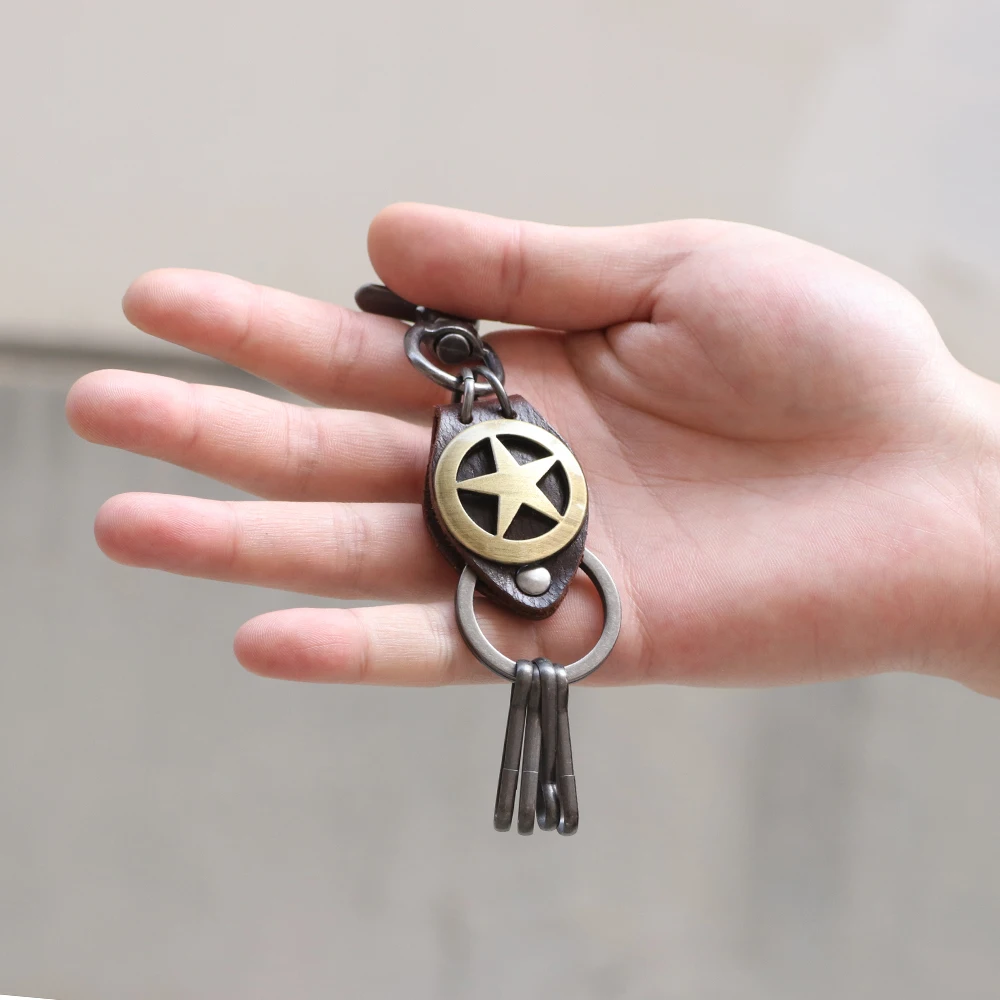 Высококачественный античный серебряный/медный форма пентаграммы кожаный брелок
