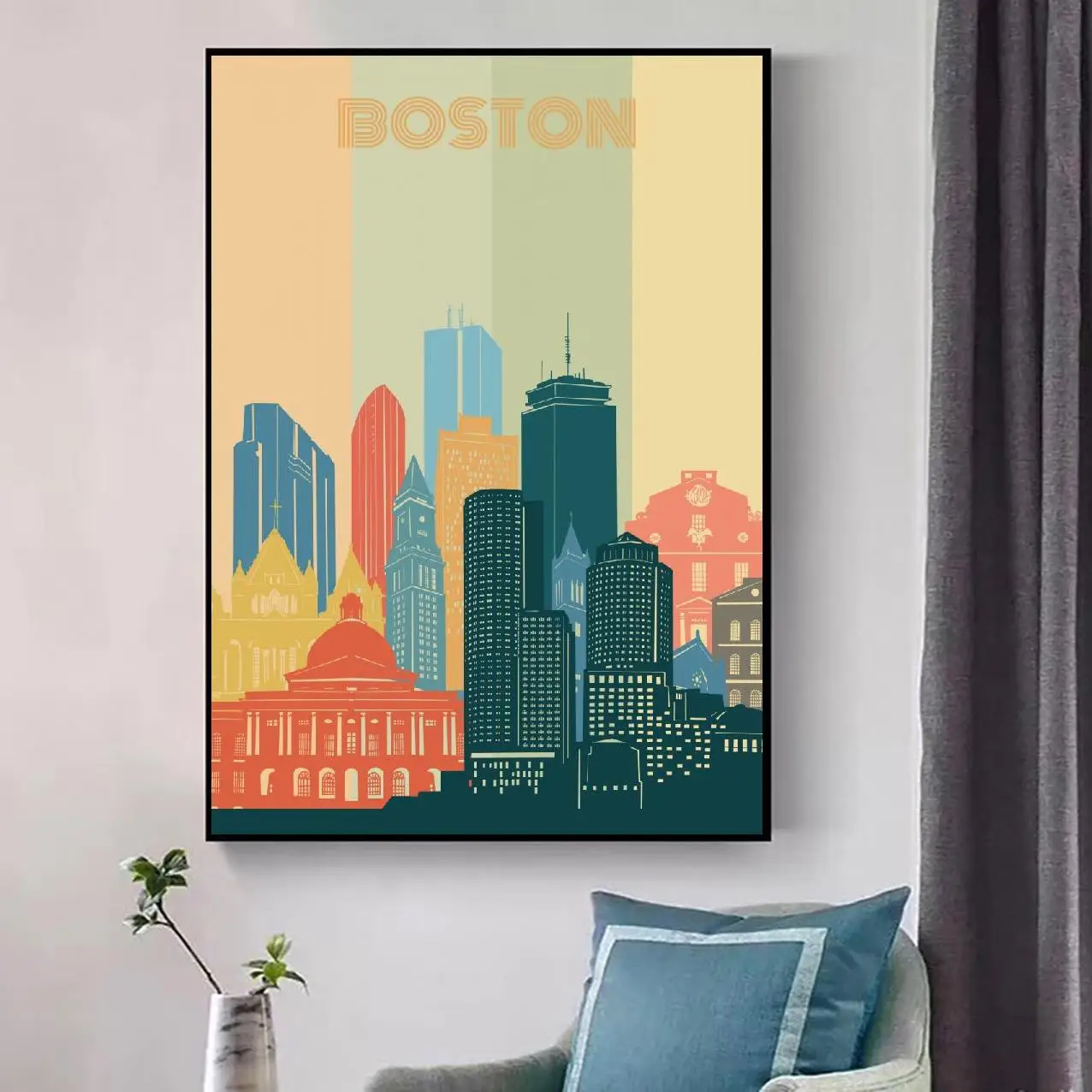 Картина на холсте с изображением Бостона городского ретро-пейзажа Настенная