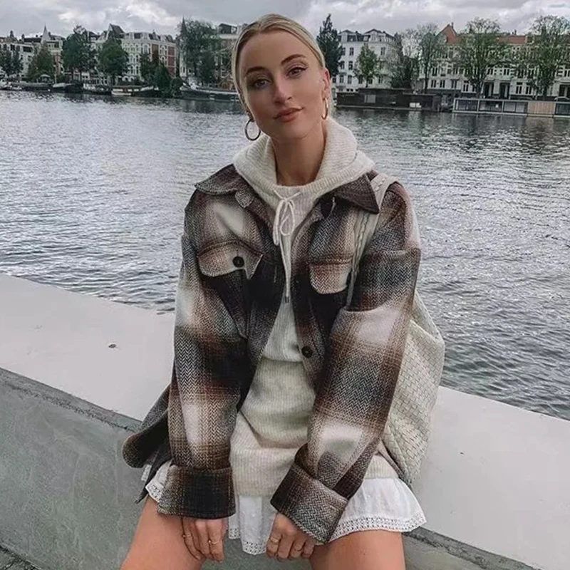 

Foridol vintage plaid autumn winter jackets coats women checked button oversized coat streetwear brown side slit coat 2020
